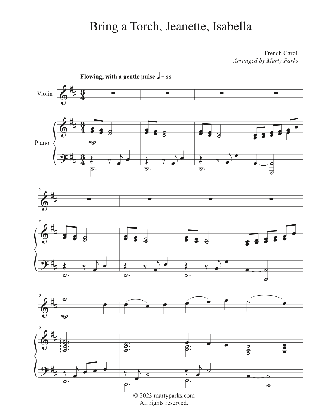 Bring a Torch, Jeanette, Isabella (Violin-Piano) (arr. Marty Parks)