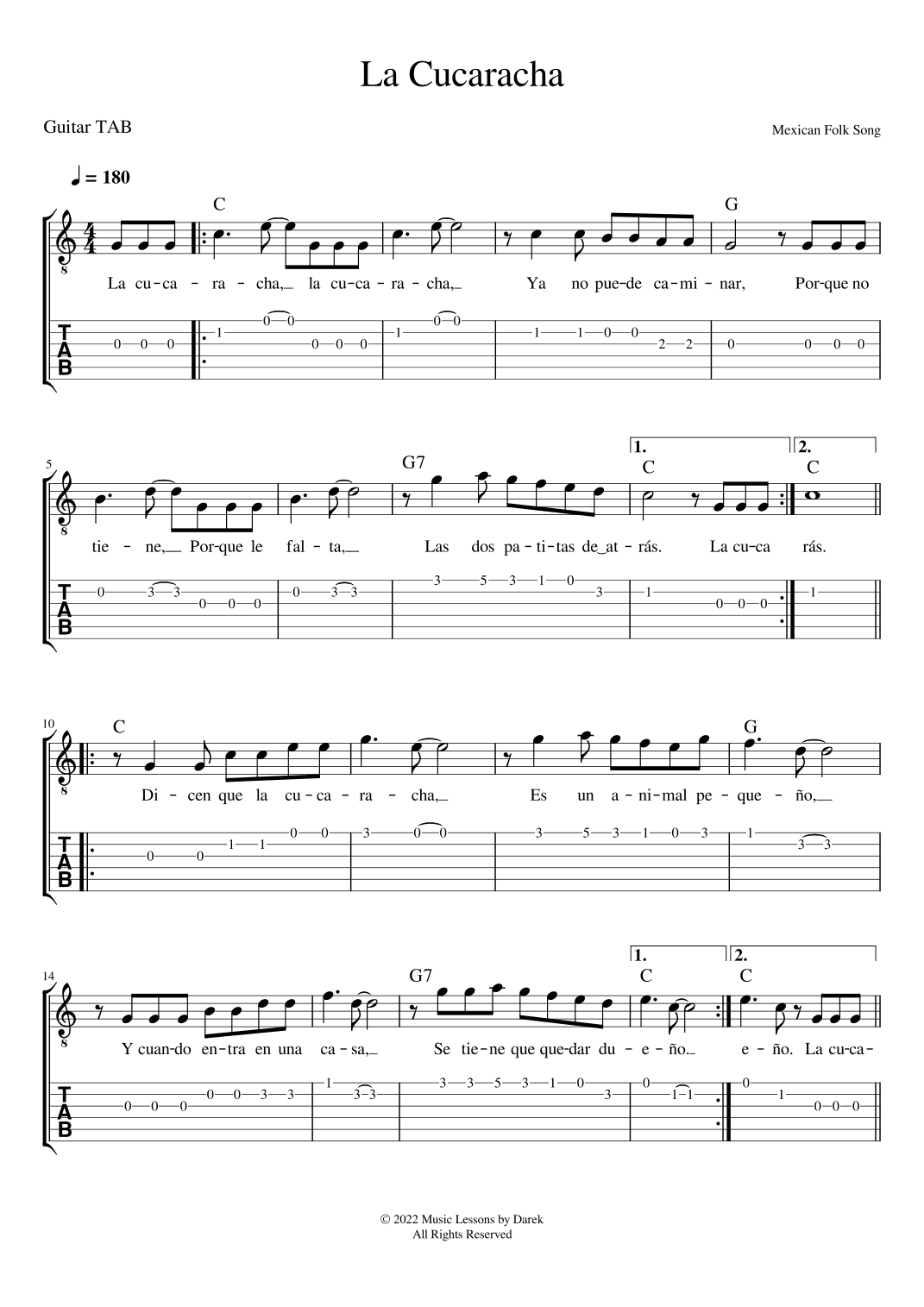 La Cucaracha (GUITAR TAB) [Mexican Folk Song] (arr. Darek)