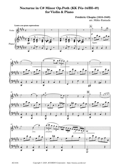 Nocturne in C# Minor Op.Poth (KK IVa-16/BI-49) for Violin & Piano (arr. Mikio Kamada)