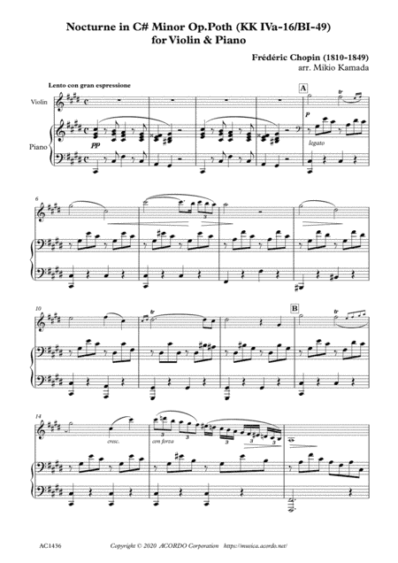 Nocturne in C# Minor Op.Poth (KK IVa-16/BI-49) for Violin & Piano (arr. Mikio Kamada)