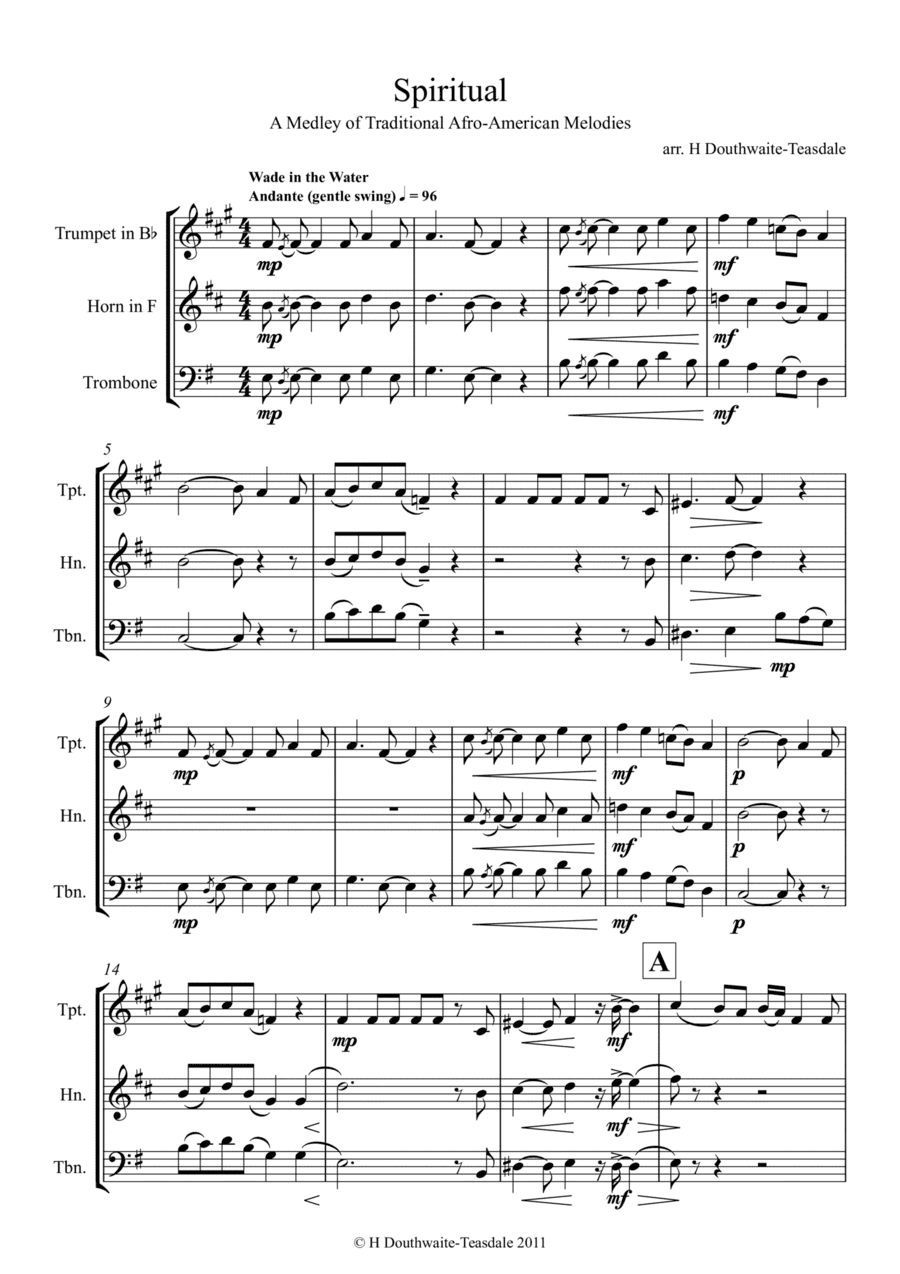 Spiritual, A Medley of Traditional Afro-American Melodies - for Brass Trio (arr. Helen Douthwaite-Teasdale)