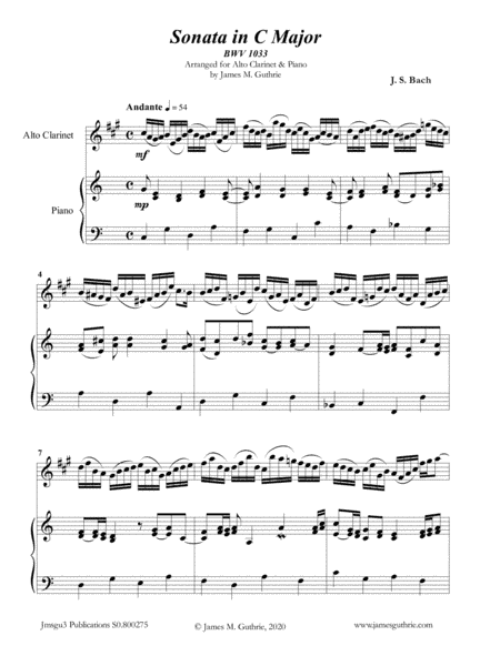 BACH: Sonata BWV 1033 for Alto Clarinet & Piano (arr. James Guthrie, ASCAP)