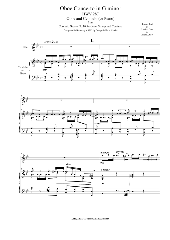 Handel - Oboe Concerto in G minor HWV 287 for Oboe and Cembalo (or Piano) (arr. Santino Cara)