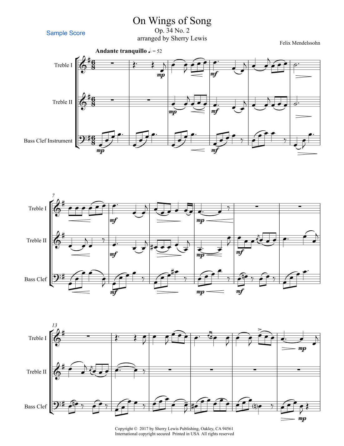 ON WINGS OF SONG for Trio for  String Trio, Woodwind Trio, any combination of two treble clef instru (arr. Sherry Lewis)
