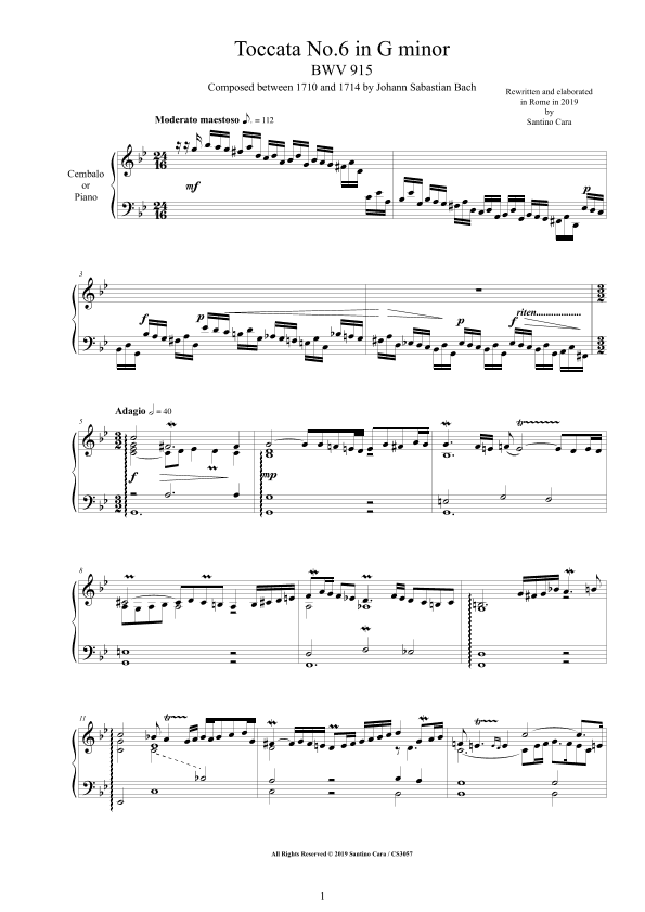 Bach - Toccata No.6 in G minor BWV 915 for Harpsichord or Piano - Complete score (arr. Santino Cara)