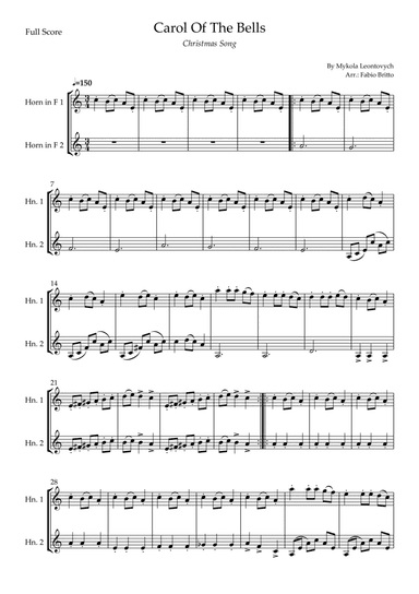 Carol Of The Bells (Christmas Song) for Horn in F Duo (D Minor) (arr. Fabio Britto)