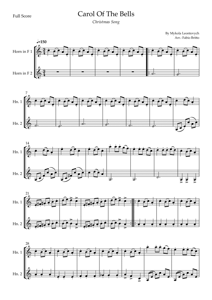 Carol Of The Bells (Christmas Song) for Horn in F Duo (D Minor) (arr. Fabio Britto)