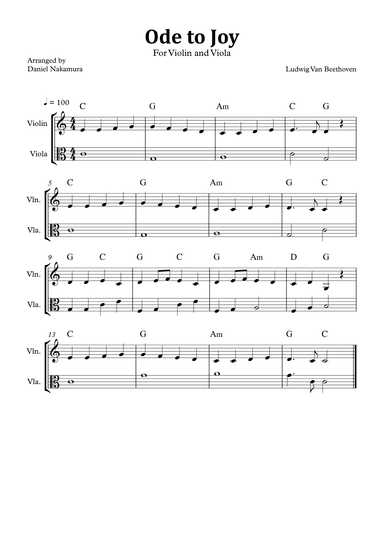 Ode to Joy (Easy Violin and Viola) (arr. Daniel Nakamura)