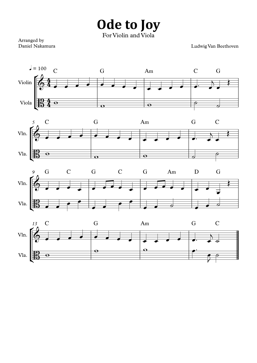 Ode to Joy (Easy Violin and Viola) (arr. Daniel Nakamura)