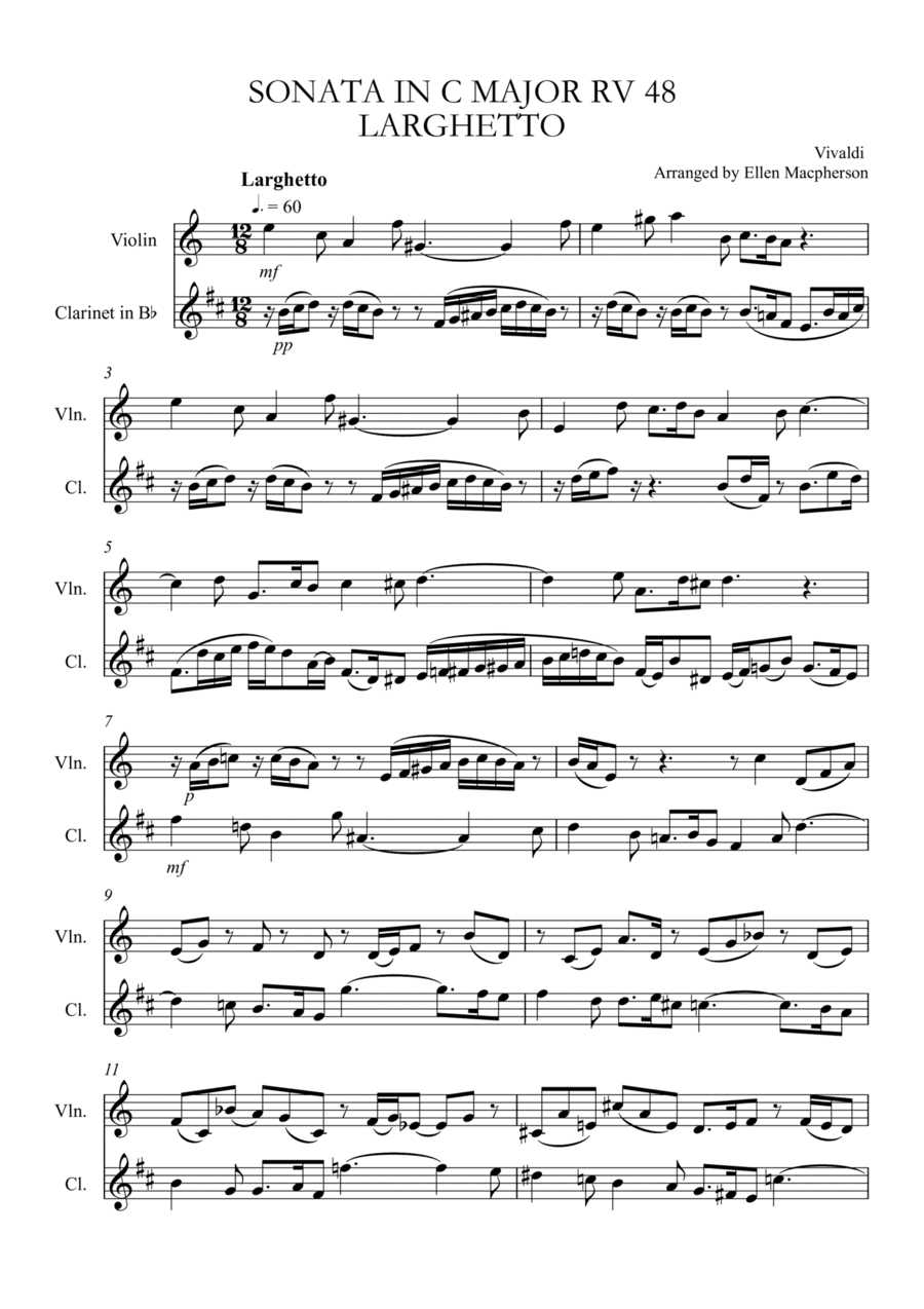 VIVALDI VIOLIN AND CLARINET DUET - from Sonata in C Major, Larghetto RV 48 (arr. Ellen Macpherson)