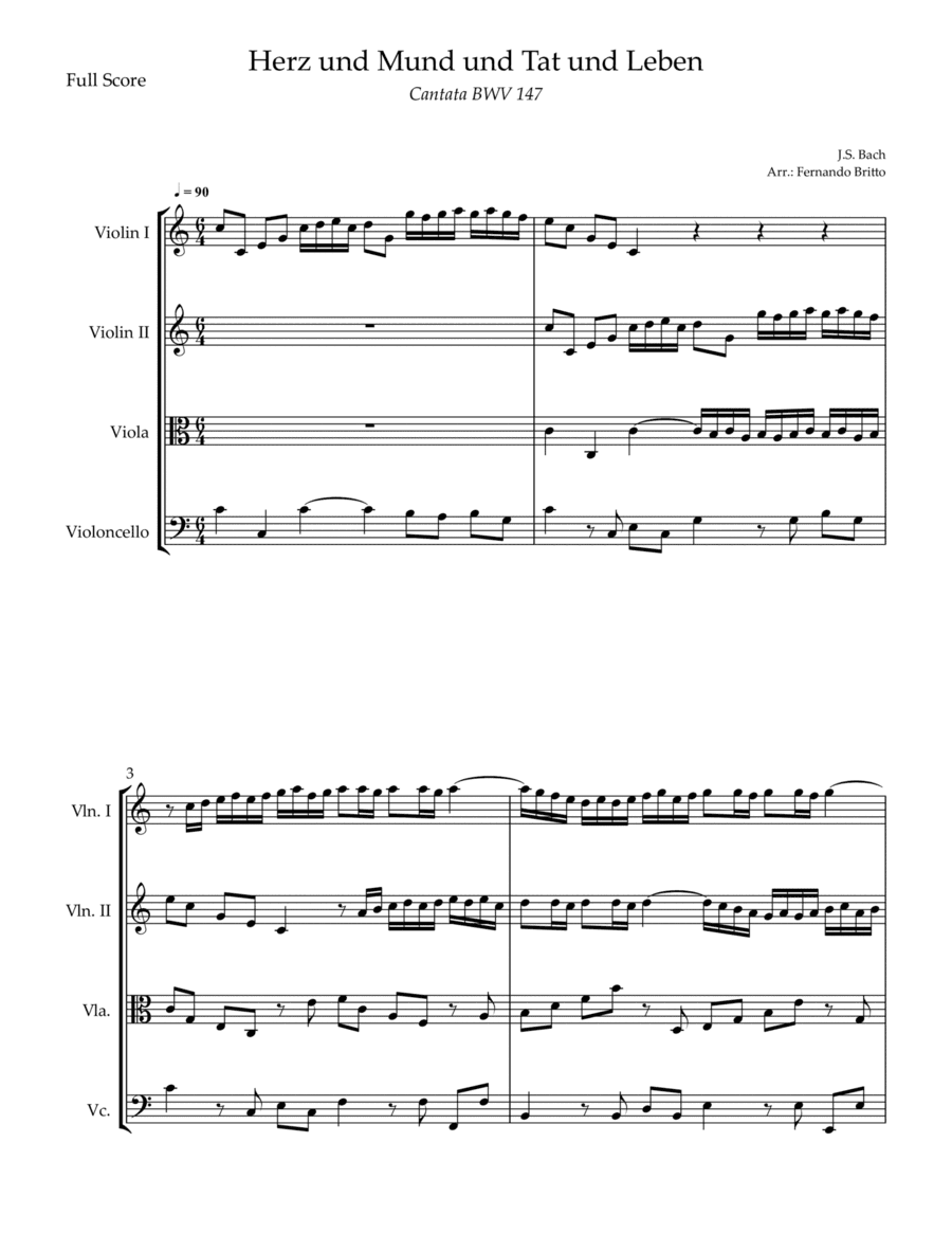 Cantata Herz und Mund und Tat und Leben (J.S. Bach BWV 147) for String Quartet (arr. Fernando Britto)