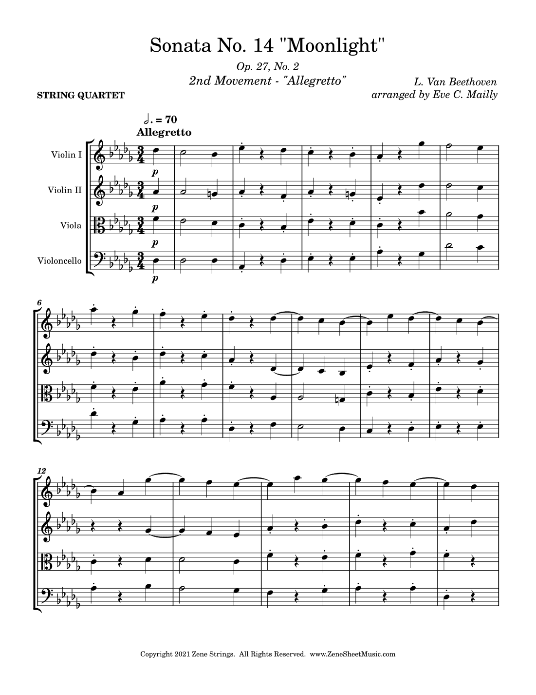 Moonlight Sonata 2nd Mvmt (Sonata No. 14 opus 27 no. 2) - Beethoven - String Quartet (arr. Eve C. Mailly - Zene Strings)