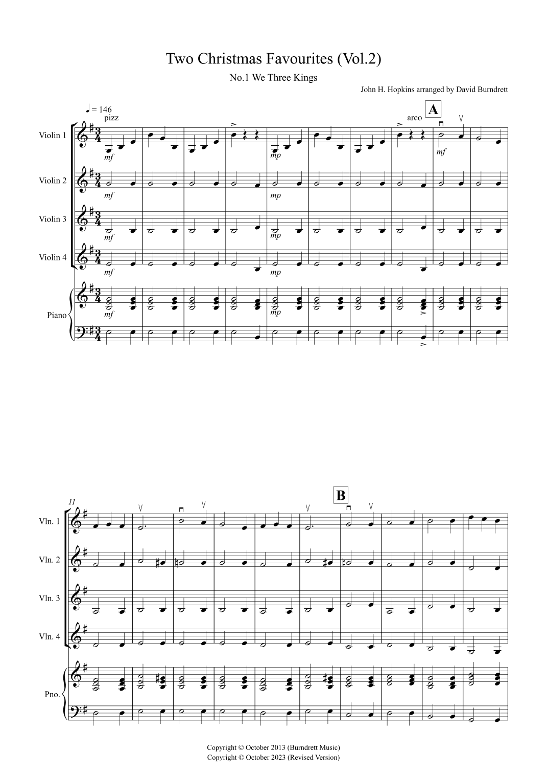 2 Christmas Favourites for Violin Quartet (volume two) (arr. David Burndrett)
