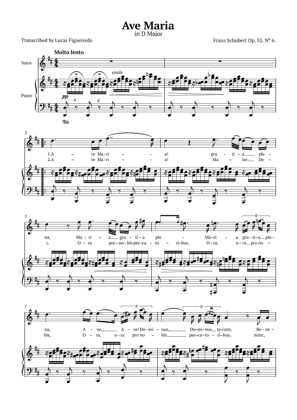 Ave Maria (Schubert) in D Major for Piano and Voice (Lyrics in Latin) (arr. Lucas Figueiredo)