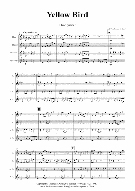 Yellow Bird - Haitian Folk Song - Calypso - Flute Quartet (arr. Thomas H. Graf)