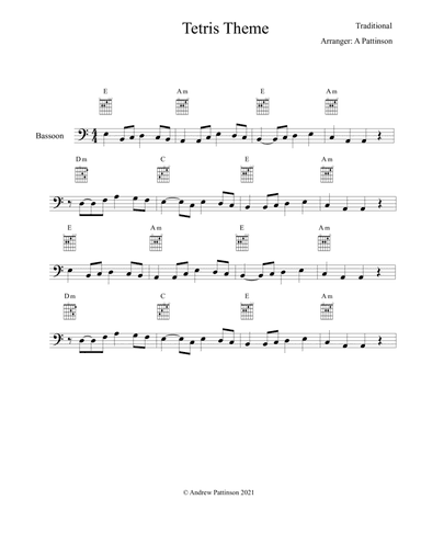 Tetris theme for Easy Bassoon with chords (arr. Andrew Pattinson)