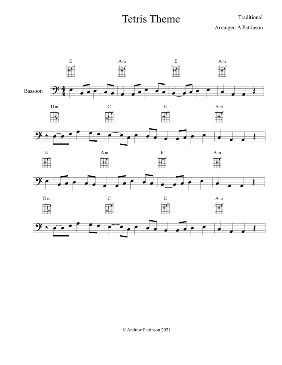 Tetris theme for Easy Bassoon with chords (arr. Andrew Pattinson)