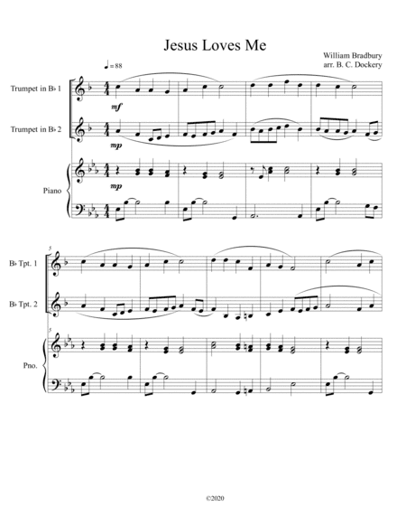 Jesus Loves Me (trumpet duet) with optional piano accompaniment (arr. B. C. Dockery)