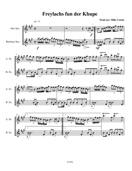 Freylachs fun der Khupe for Alto and Bari Saxes (arr. Mike Curtis)