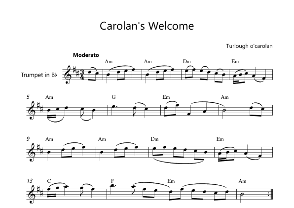 Carolan's Welcome - Trumpet Lead Sheet with Chord Symbols (arr. Victor Araújo)