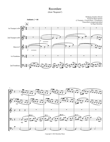 Recordare (from "Requiem") (F) (Brass Quintet - 2 Trp, 1 Hrn, 2 Trb) (arr. Regis Bookshar)