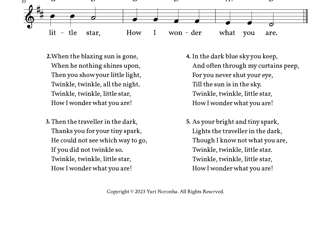 Twinkle, Twinkle Little Star - Lead Sheet D Major (Full Lyrics) (arr. Yuri Noronha)