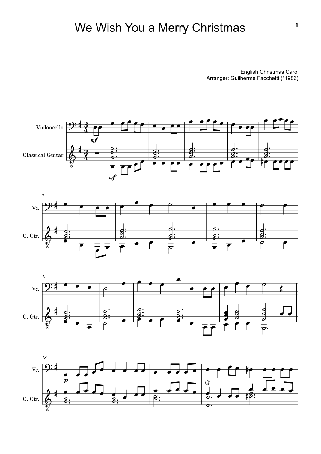 English Christmas Carol - We Wish You a Merry Christmas. For Violoncello and Classical Guitar. (arr. Guilherme Facchetti)