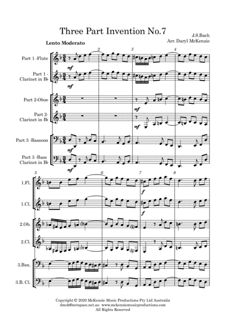 Bach Three Part Invention No.7 for Woodwind Trio (flexible), Clarinet Trio (arr. Daryl McKenzie)