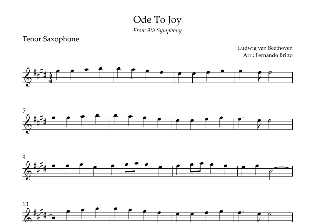 Ode To Joy Theme (from Beethoven's 9th Symphony) for Tenor Saxophone Solo (arr. Fernando Britto)