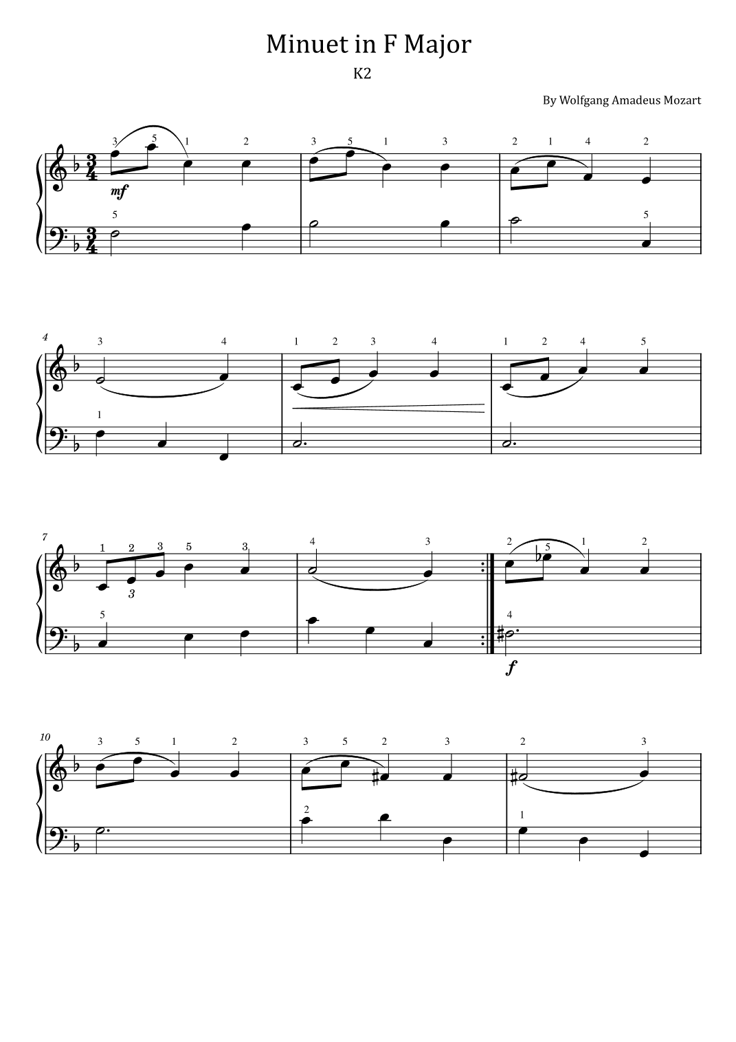 Mozart - Minuet in F Major  - K.2 -  For Easy Piano - Original With Finger (arr. poon)