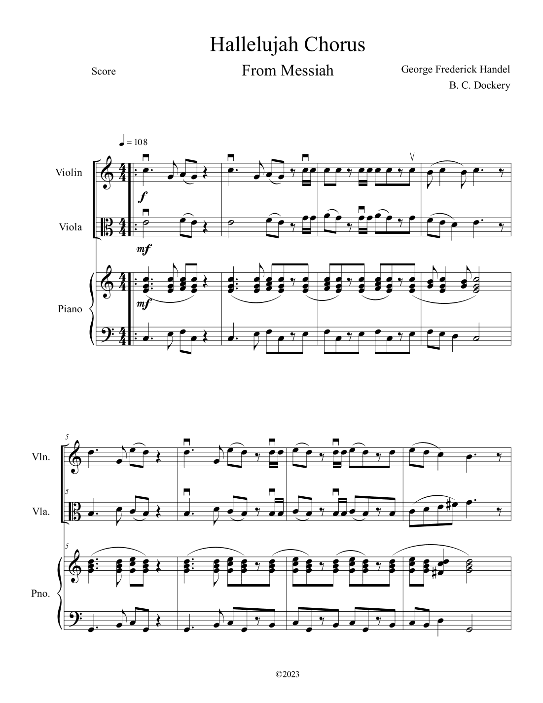 Hallelujah Chorus from Messiah (Violin and Viola Duet with Piano Accompaniment) (arr. B. C. Dockery)