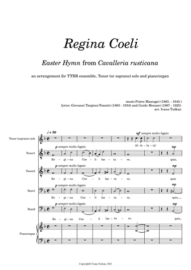 Regina Coeli, F major, TTBB, Tenor solo, piano/organ, reduced version (arr. Ivana Tuskan)