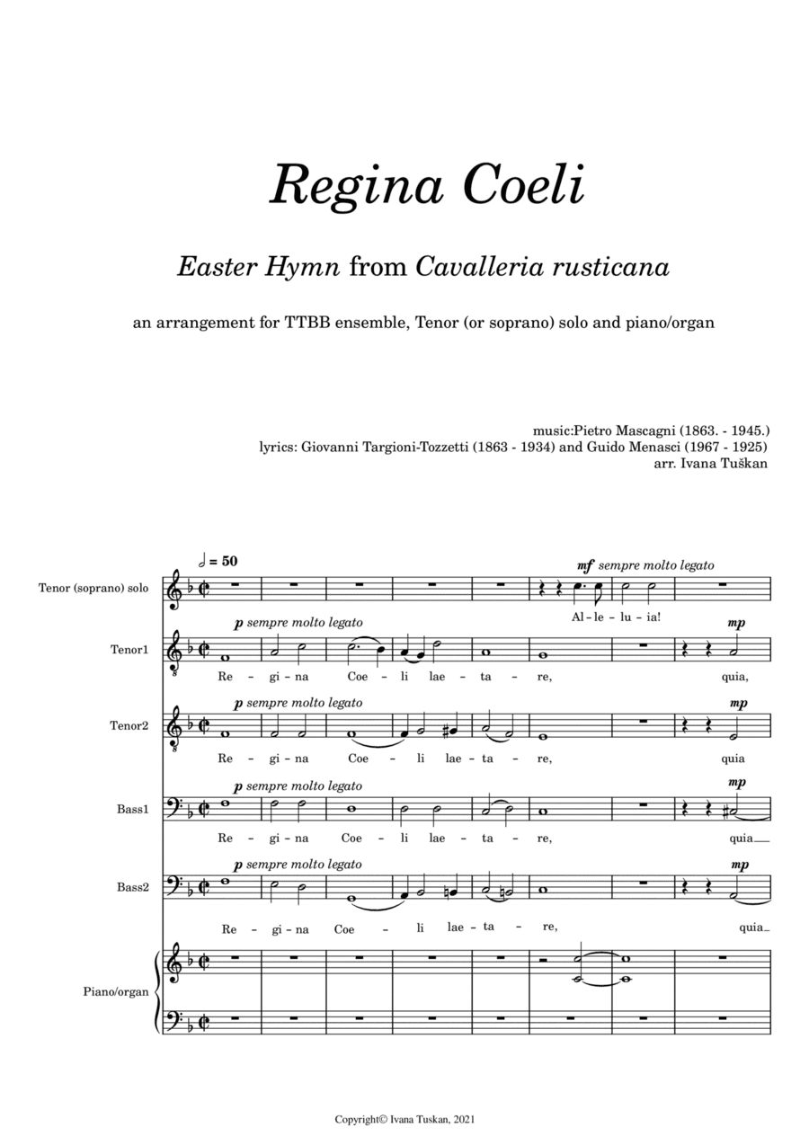 Regina Coeli, F major, TTBB, Tenor solo, piano/organ, reduced version (arr. Ivana Tuskan)