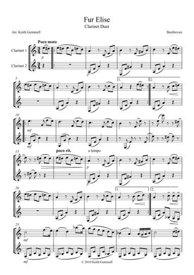 Fur Elise - Clarinet Duet (arr. Keith Gemmell)
