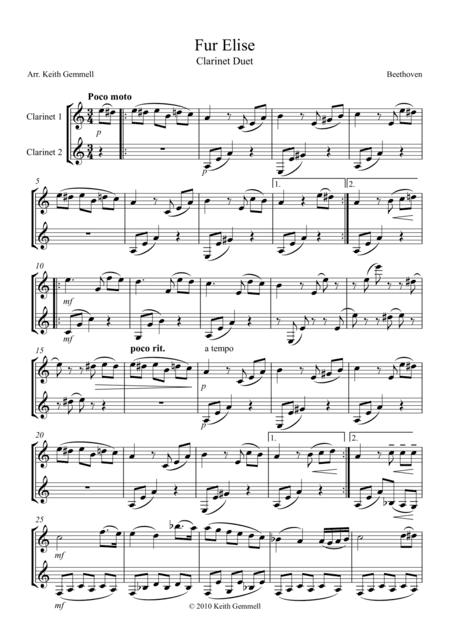 Fur Elise - Clarinet Duet (arr. Keith Gemmell)