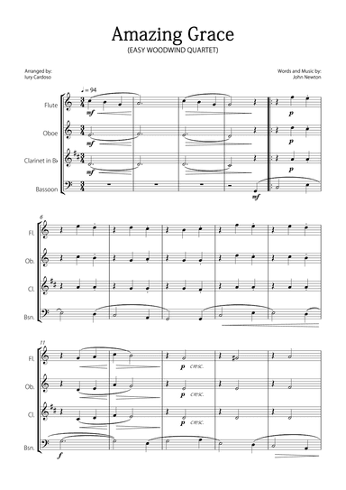 "Amazing Grace" - Beautiful EASY version for WOODWIND QUARTET. (arr. Iury Cardoso)
