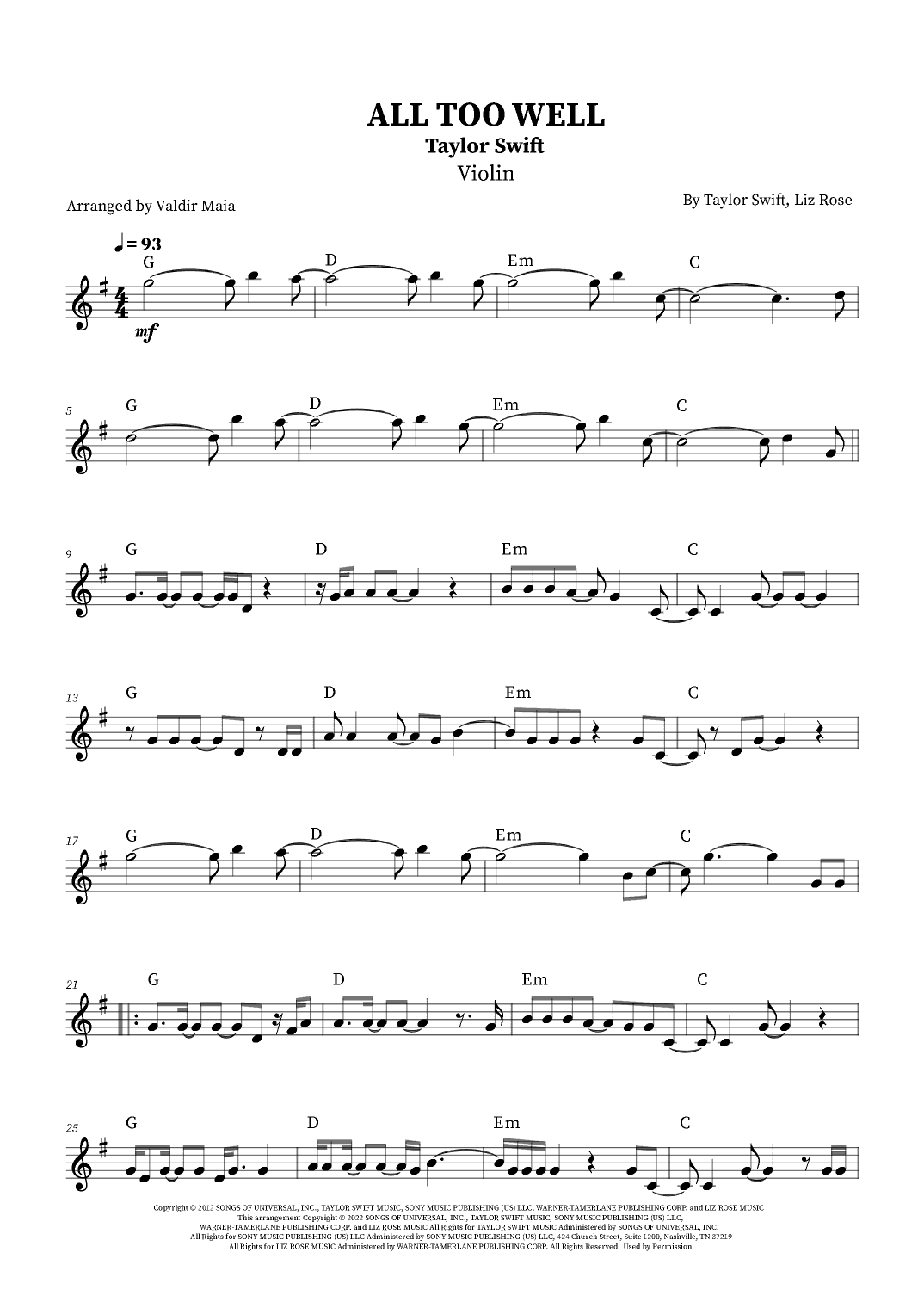 All Too Well (arr. Valdir Maia)