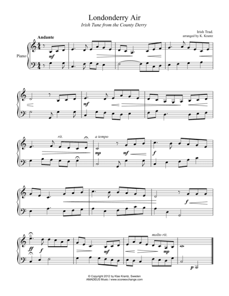 Londonderry Air for easy piano solo (arr. Klas Krantz)