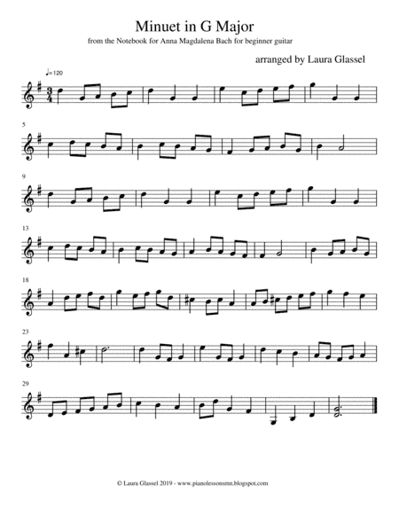 Minuet in G Major for Beginner Guitar (arr. Laura Glassel)