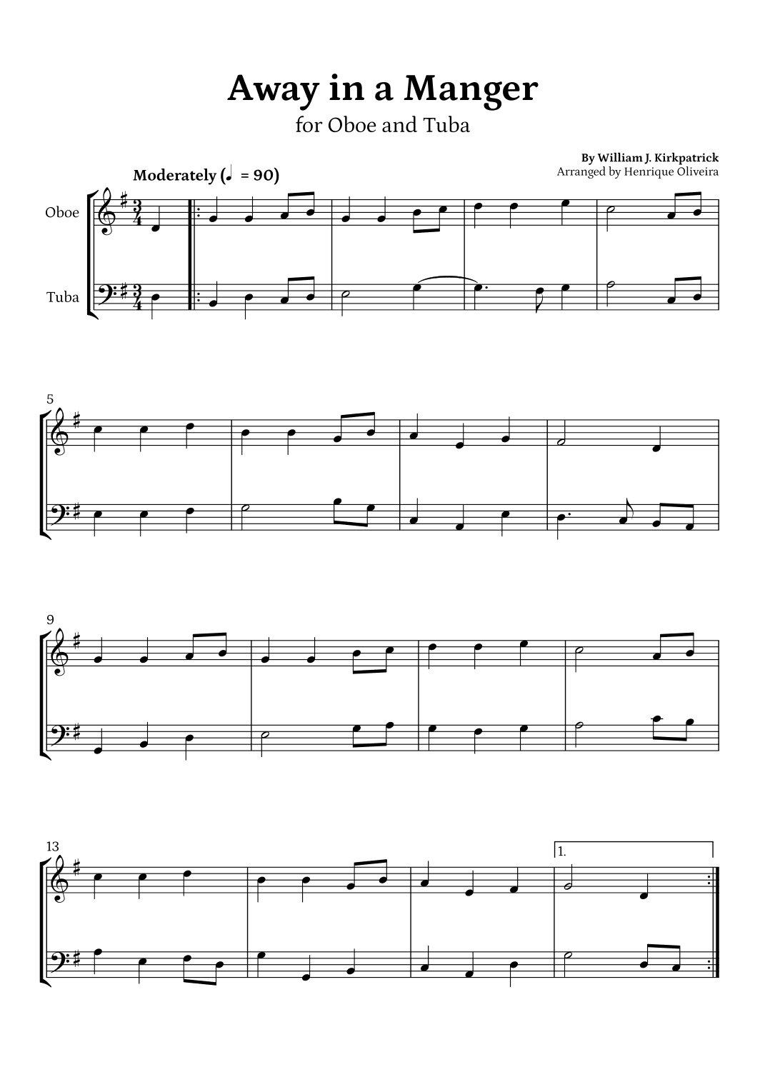 Away in a Manger (Oboe and Tuba) - Beginner Level (arr. Henrique Oliveira)