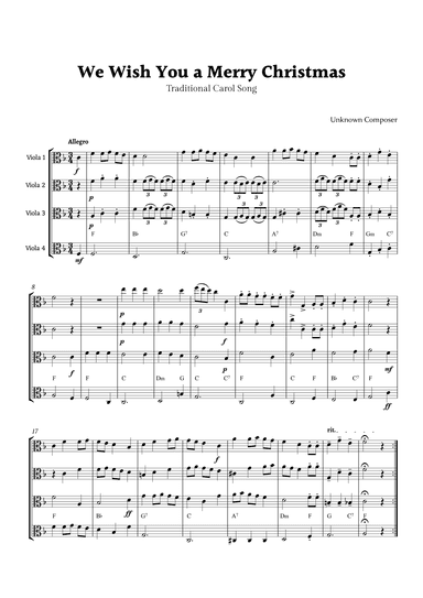 We Wish you a Merry Christmas for Viola Quartet with Chords (arr. Rika K.)
