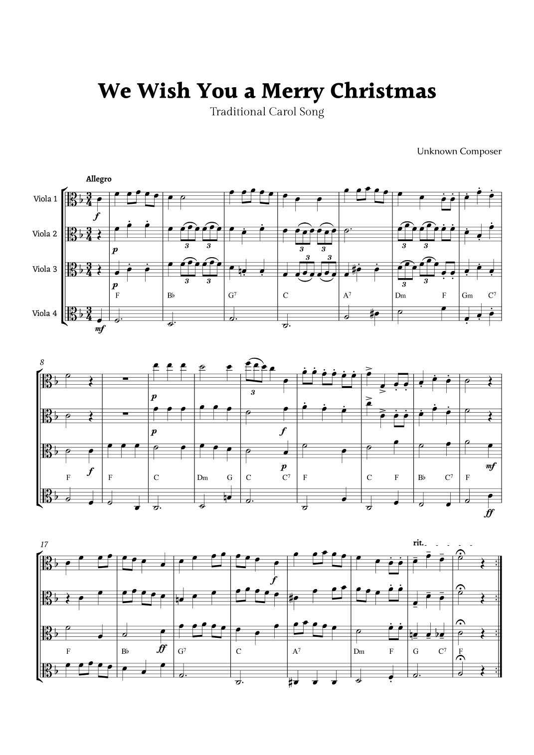 We Wish you a Merry Christmas for Viola Quartet with Chords (arr. Rika K.)