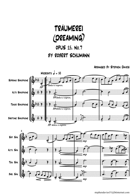 'Traumerei (Dreaming)' Op.15 No.7 by Robert Schumann for Saxophone Quartet. (arr. Stephen Davies)