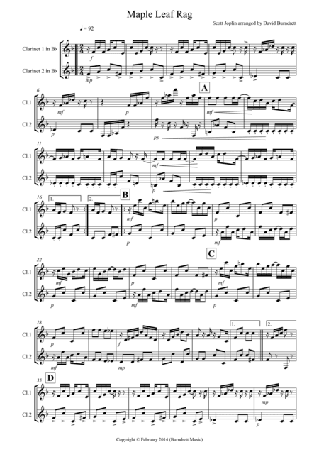 Maple Leaf Rag for Clarinet Duet (arr. David Burndrett)