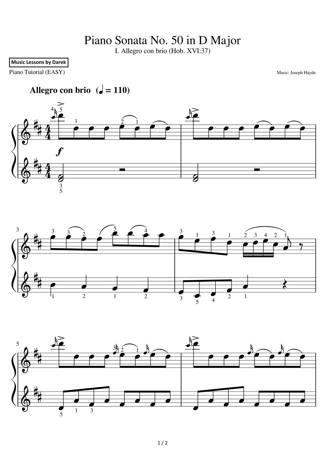 Piano Sonata No. 50 in D Major (EASY PIANO) I. Allegro con brio (Hob. XVI:37) [Joseph Haydn] (arr. Darek)