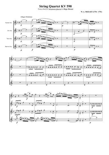String Quartet KV 590 for Saxophone Quartet (SATB) (arr. Diego Marani)