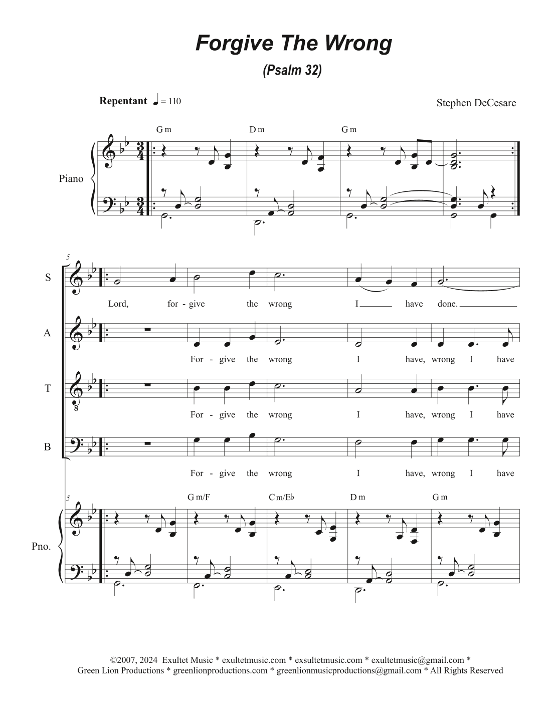 Forgive The Wrong (Psalm 32) (Vocal Quartet - (SATB)