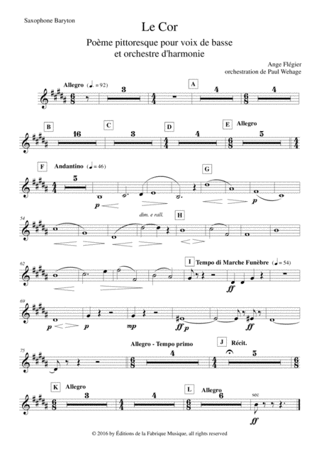 Ange Flégier: Le Cor for bass voice and concert band, baritone saxophone part (arr. Paul Wehage)