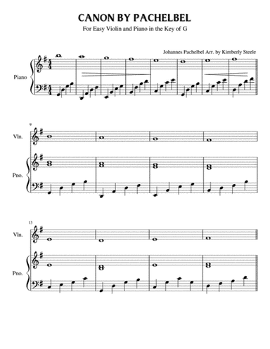 Canon by Pachelbel in the Key of G for Easy Violin and Piano (arr. Kimberly Steele)