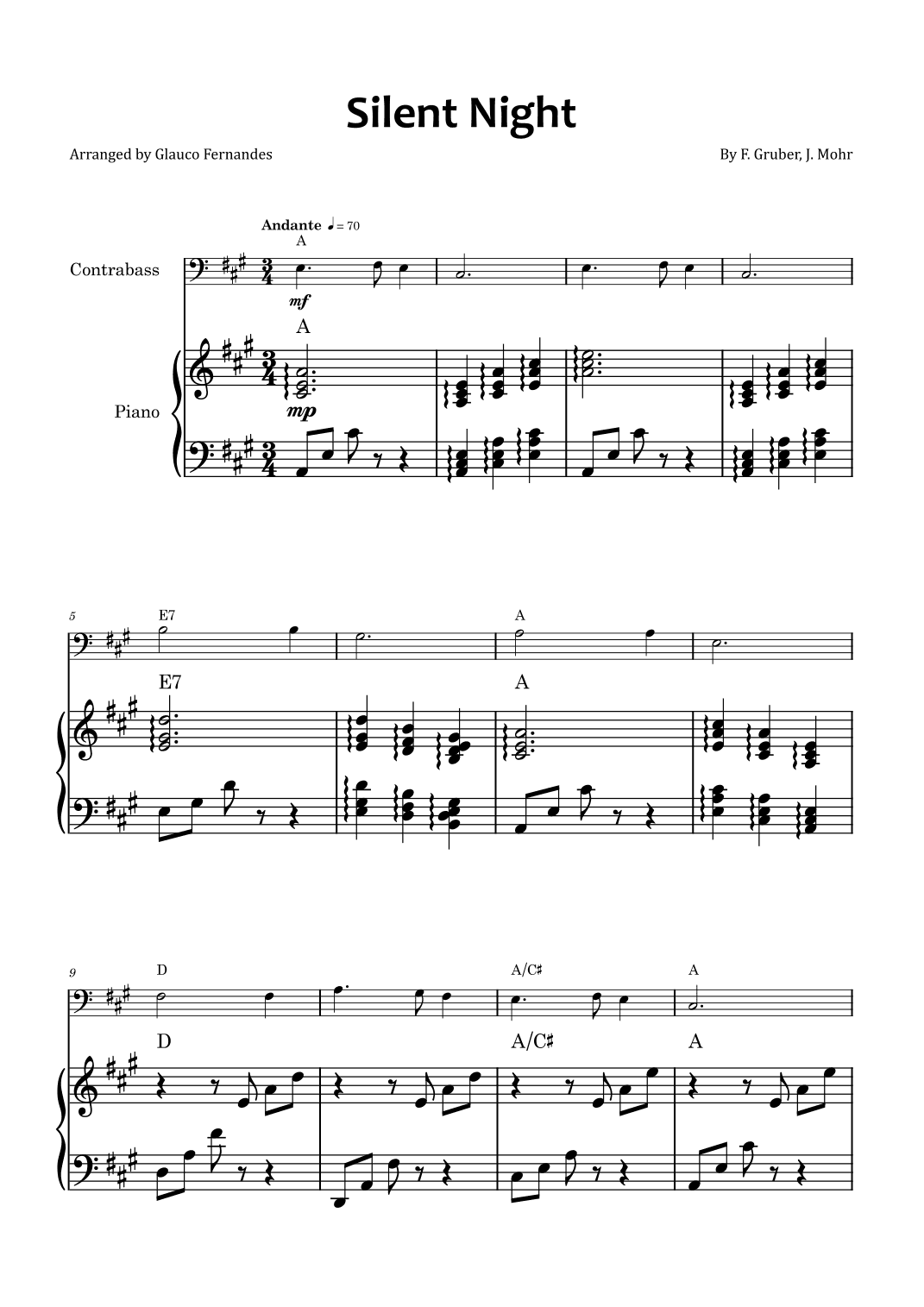 Silent Night - Double bass and piano with chord symbols (arr. Glauco Fernandes)